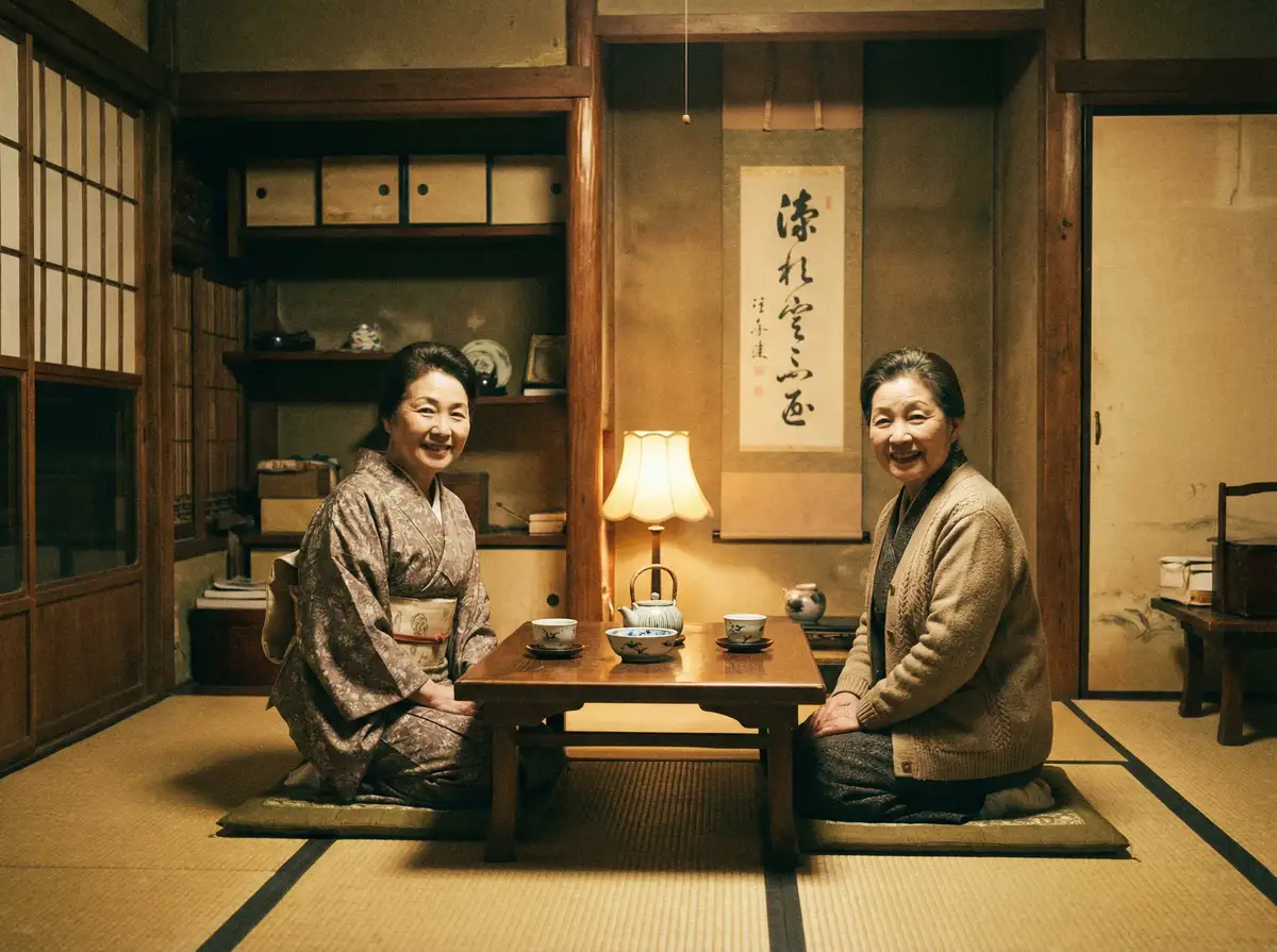 两位优雅的 球探体育平台 在日式茶室中品茶交谈